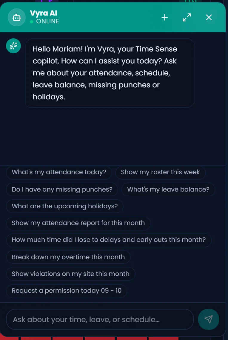 Vyra AI assistant panel with suggested questions about attendance, leave and overtime