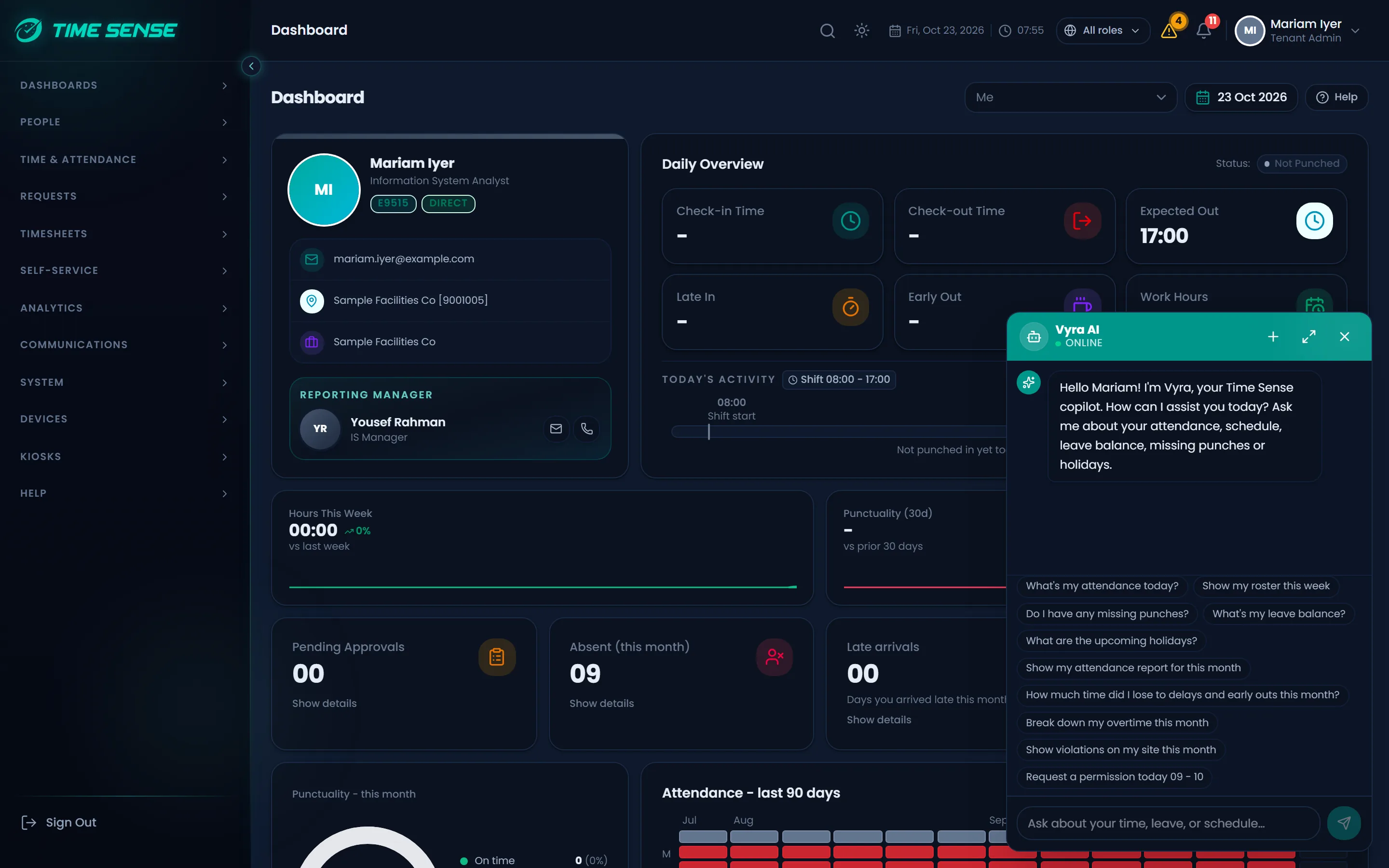 Vyra, the Time Sense AI assistant, open beside the attendance dashboard
