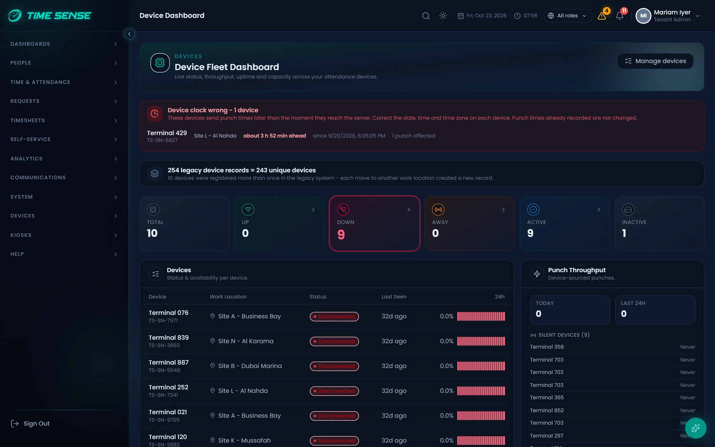 Device fleet dashboard with online, offline and clock-drift status for every biometric terminal