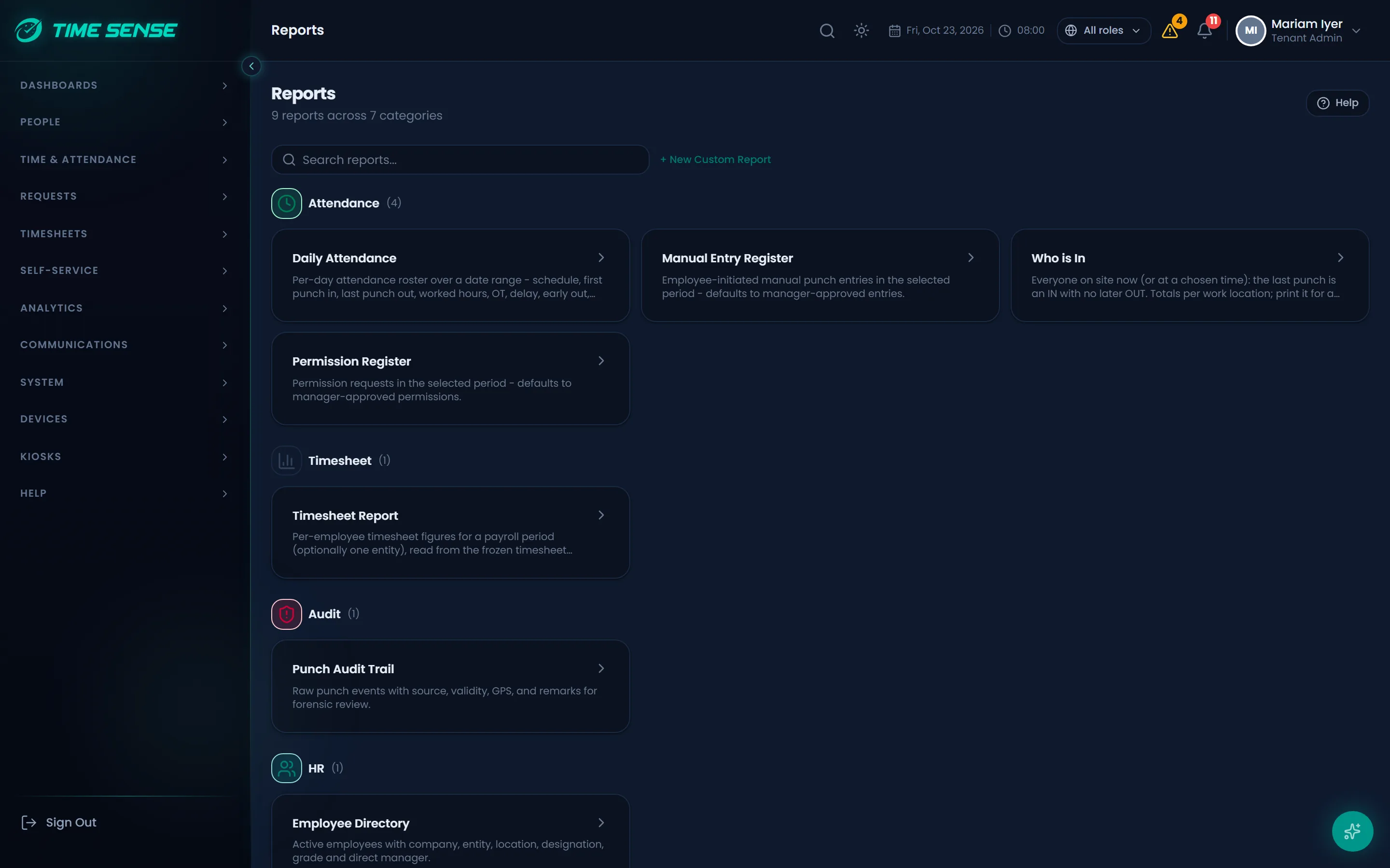 Report catalog with attendance, overtime, leave and payroll-ready reports