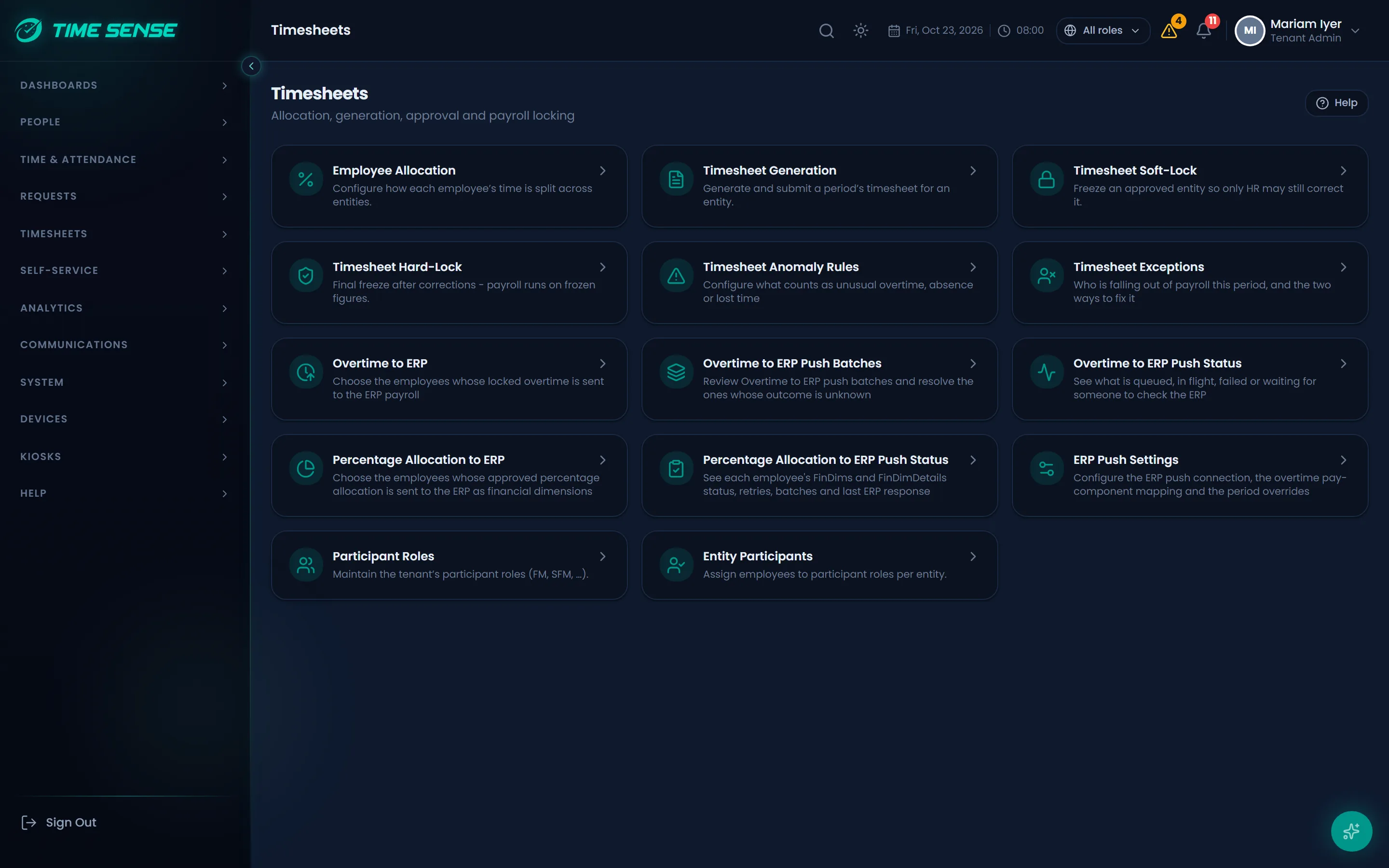 Timesheets hub for generating, reviewing and locking monthly timesheets